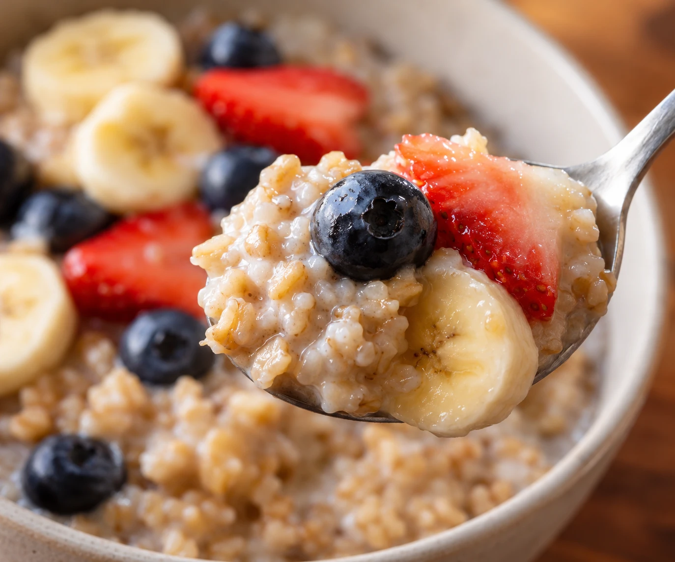 Tender separate oat grains on a spoon with a blueberry, strawberry slice, and banana.