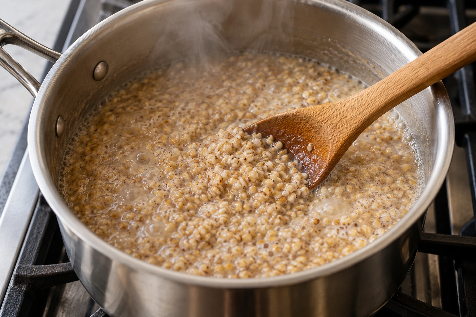 Steel-cut oats simmer in a saucepan as a wooden spoon stirs the thickening porridge.