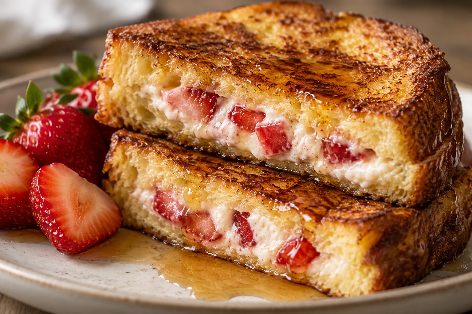 A cut sandwich reveals the warm strawberry cream cheese center and deeply golden custard crust.