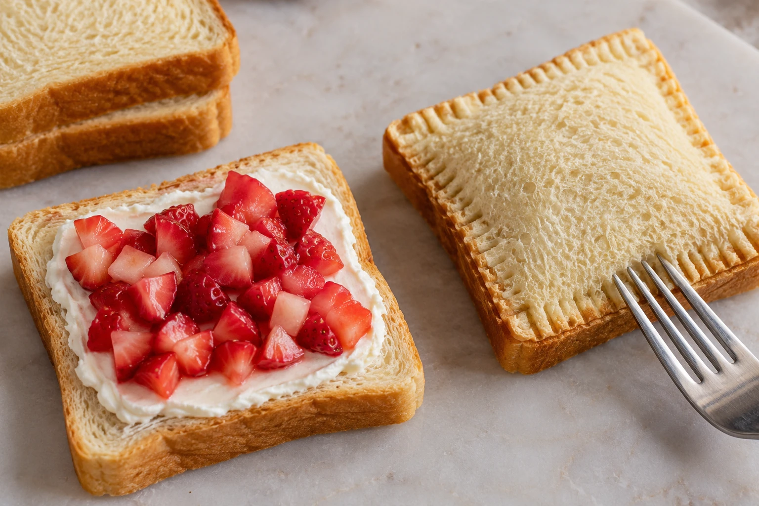 Berry cream cheese is spread between thick brioche slices before the edges are pressed closed.
