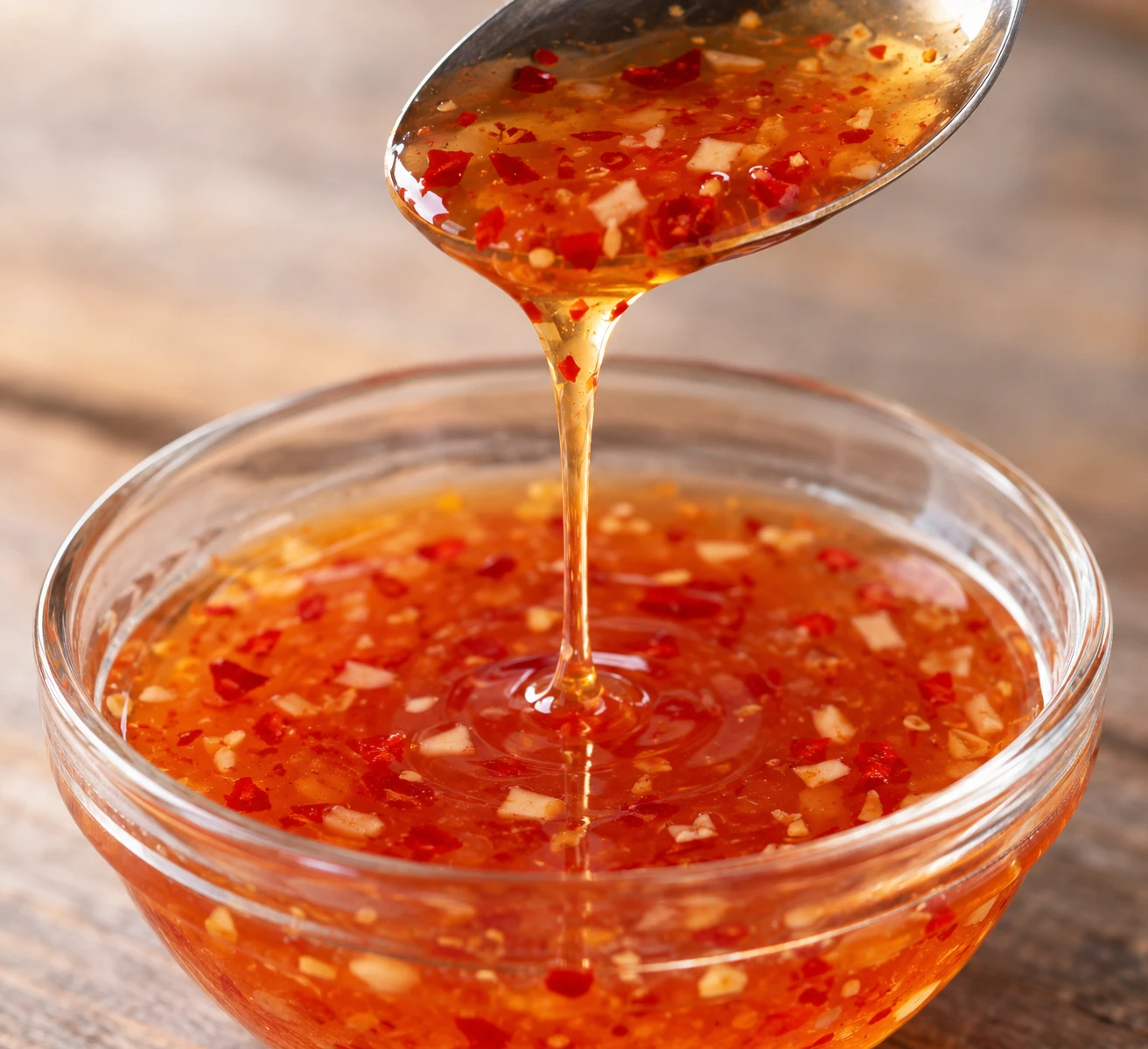 A thin glossy ribbon of translucent sauce with softened red chile flecks runs from a spoon.