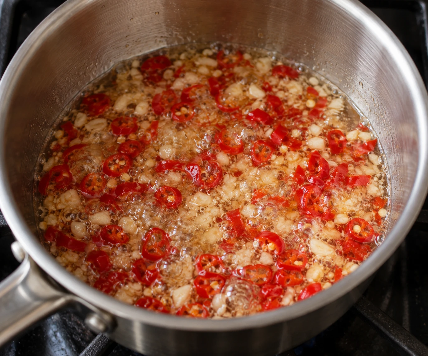 Finely chopped red chiles and garlic simmer in clear syrup in a small saucepan.