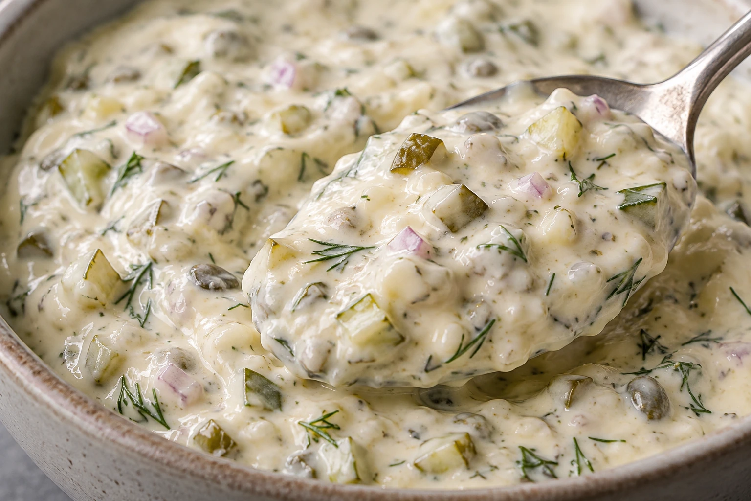 A close spoonful shows tartar sauce with fine pickle, caper, shallot, and dill pieces.