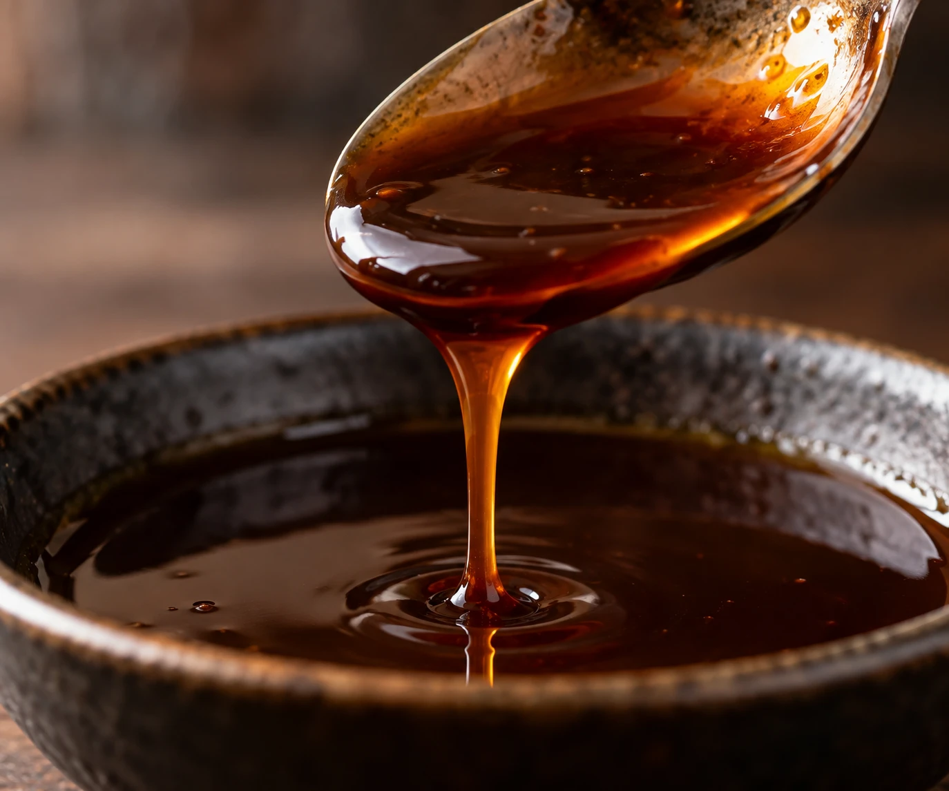 A thin glossy film of teriyaki glaze coats a spoon as a smooth ribbon falls into a dish.