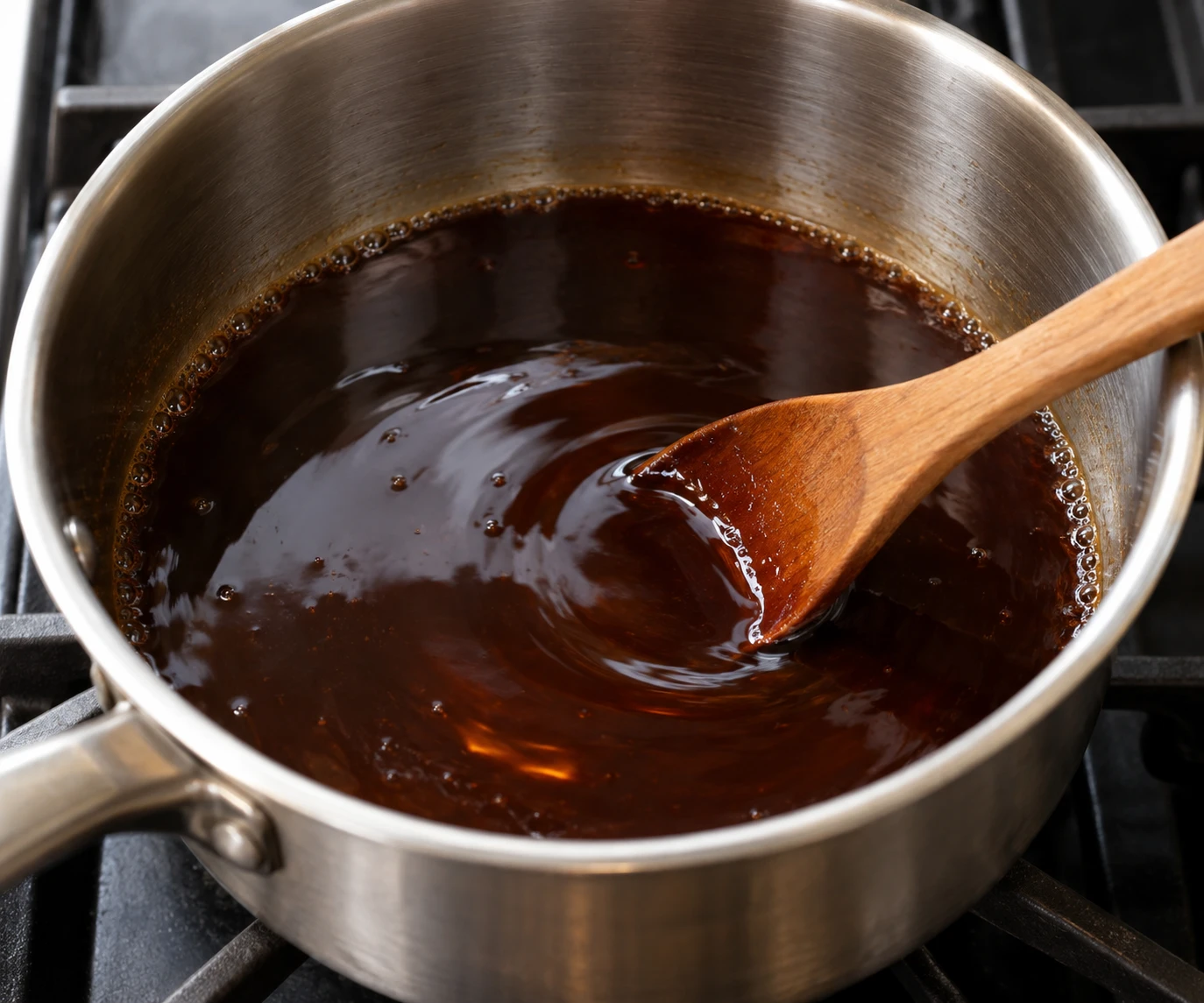 A wooden spoon stirs teriyaki sauce as it gently simmers in a small saucepan.