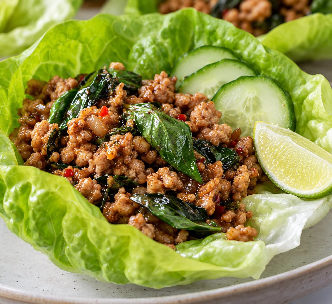 A lettuce cup holds glossy Thai basil turkey with cucumber and a lime wedge.