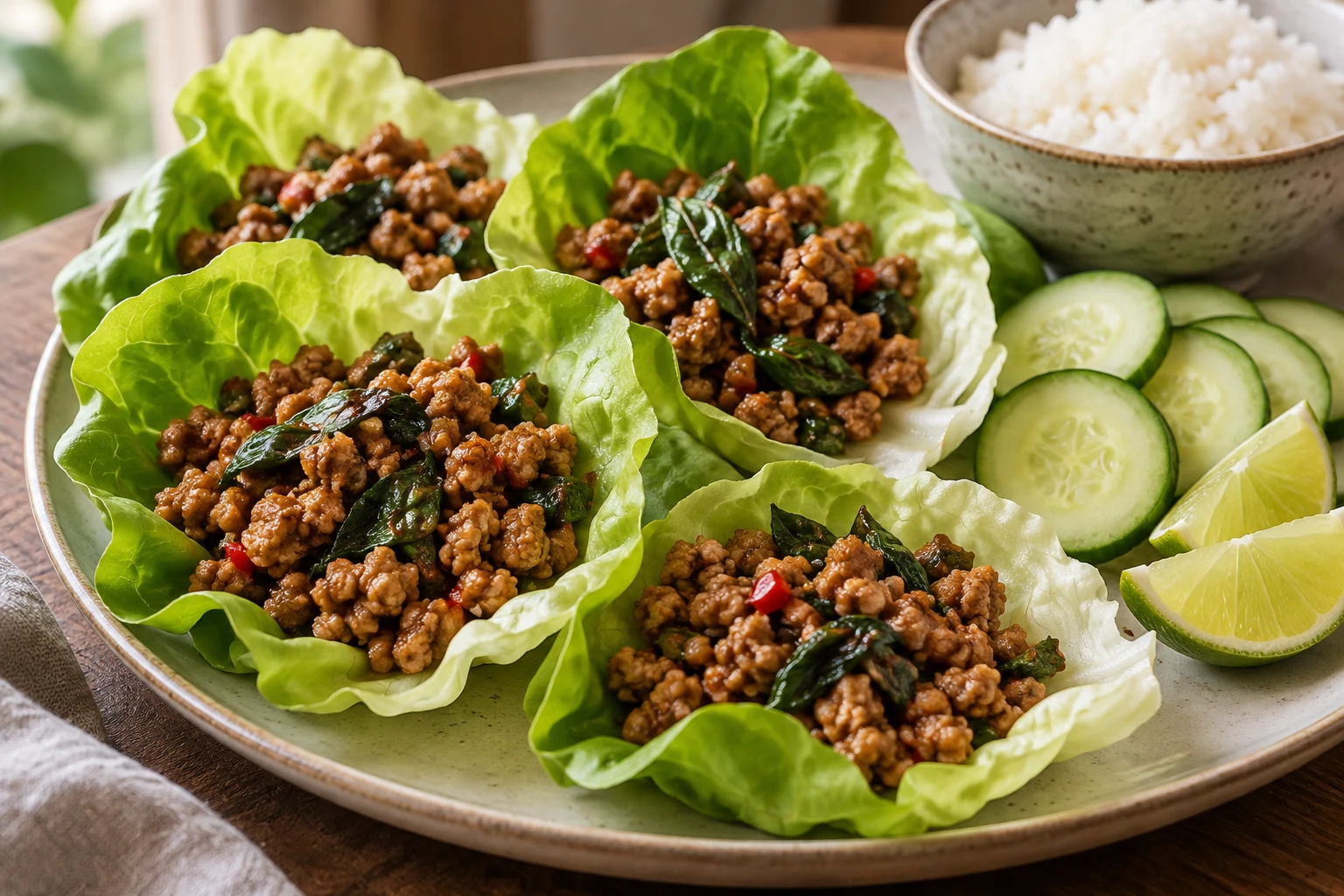Thai basil turkey fills crisp lettuce leaves beside cucumber, lime, and jasmine rice.