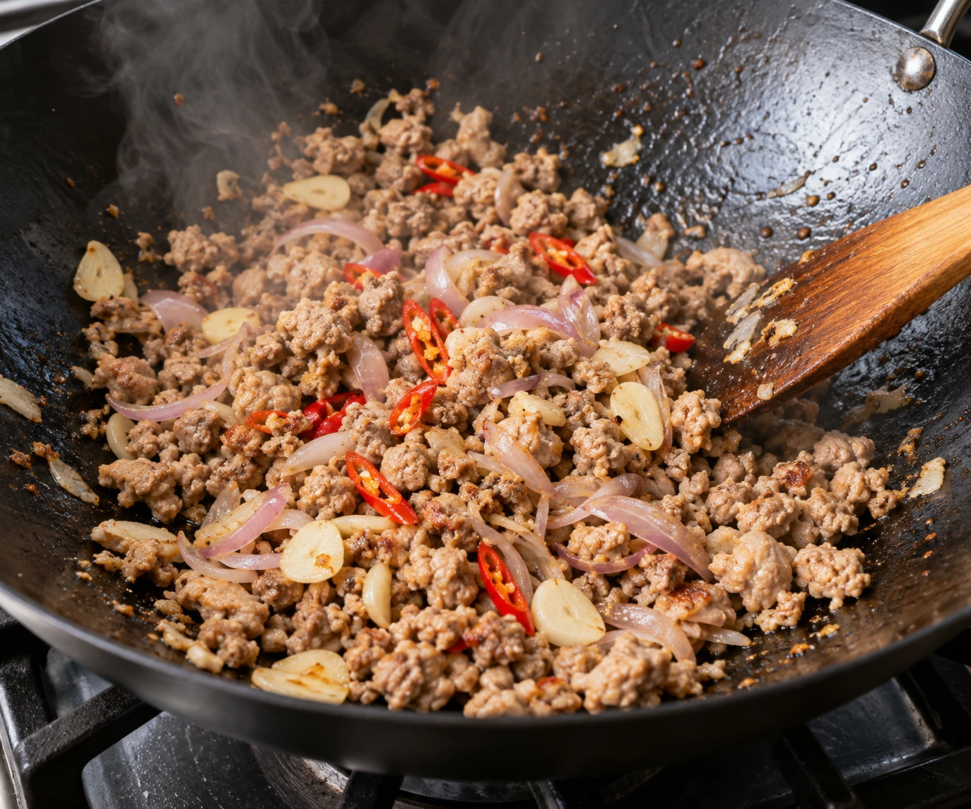 Ground turkey browns in a wok before garlic, shallots, and Thai chile are added.