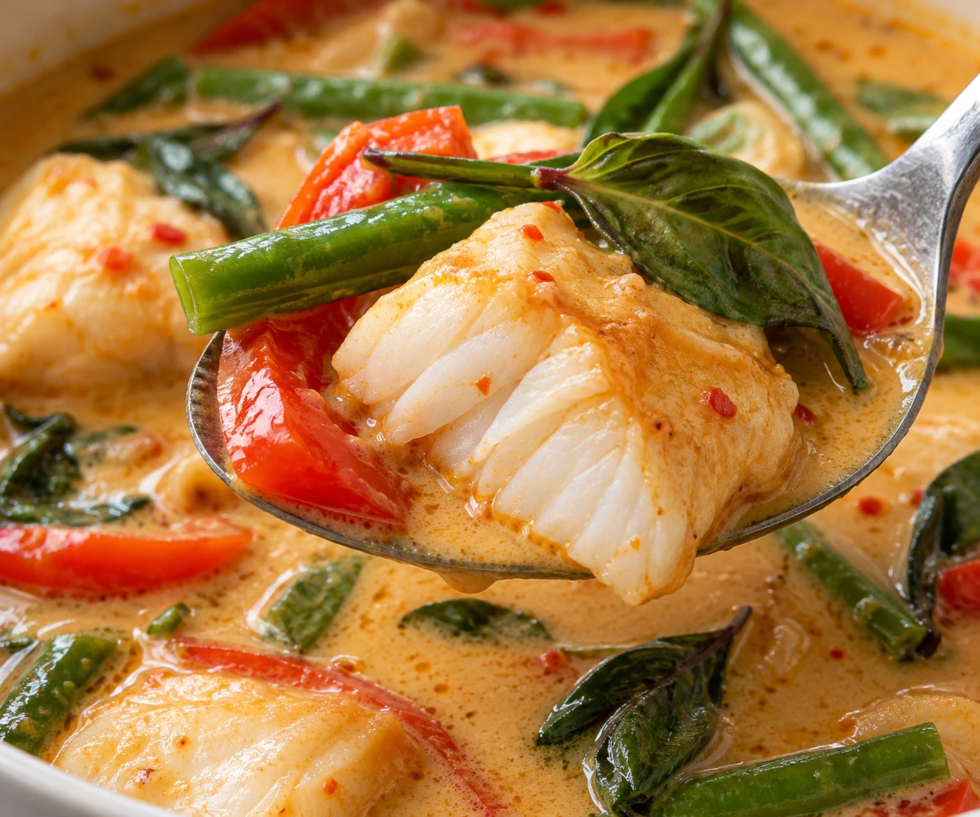 A tender fish flake and Thai basil show the finished curry texture.
