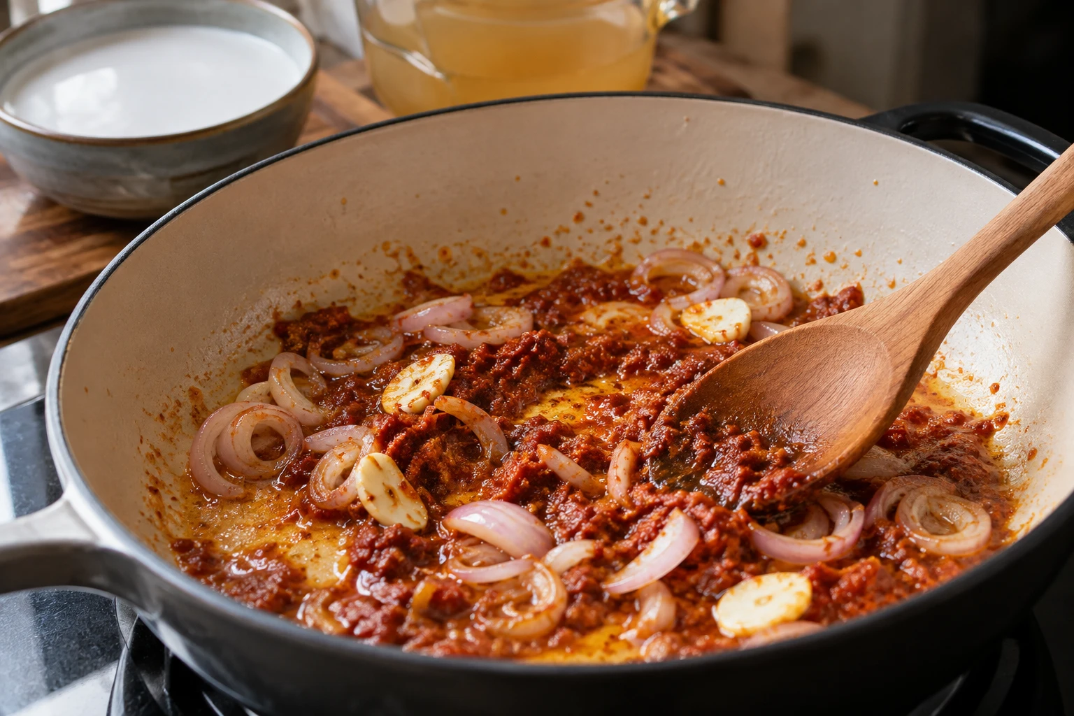 Red curry paste, shallot, and garlic soften in oil before coconut milk is added.