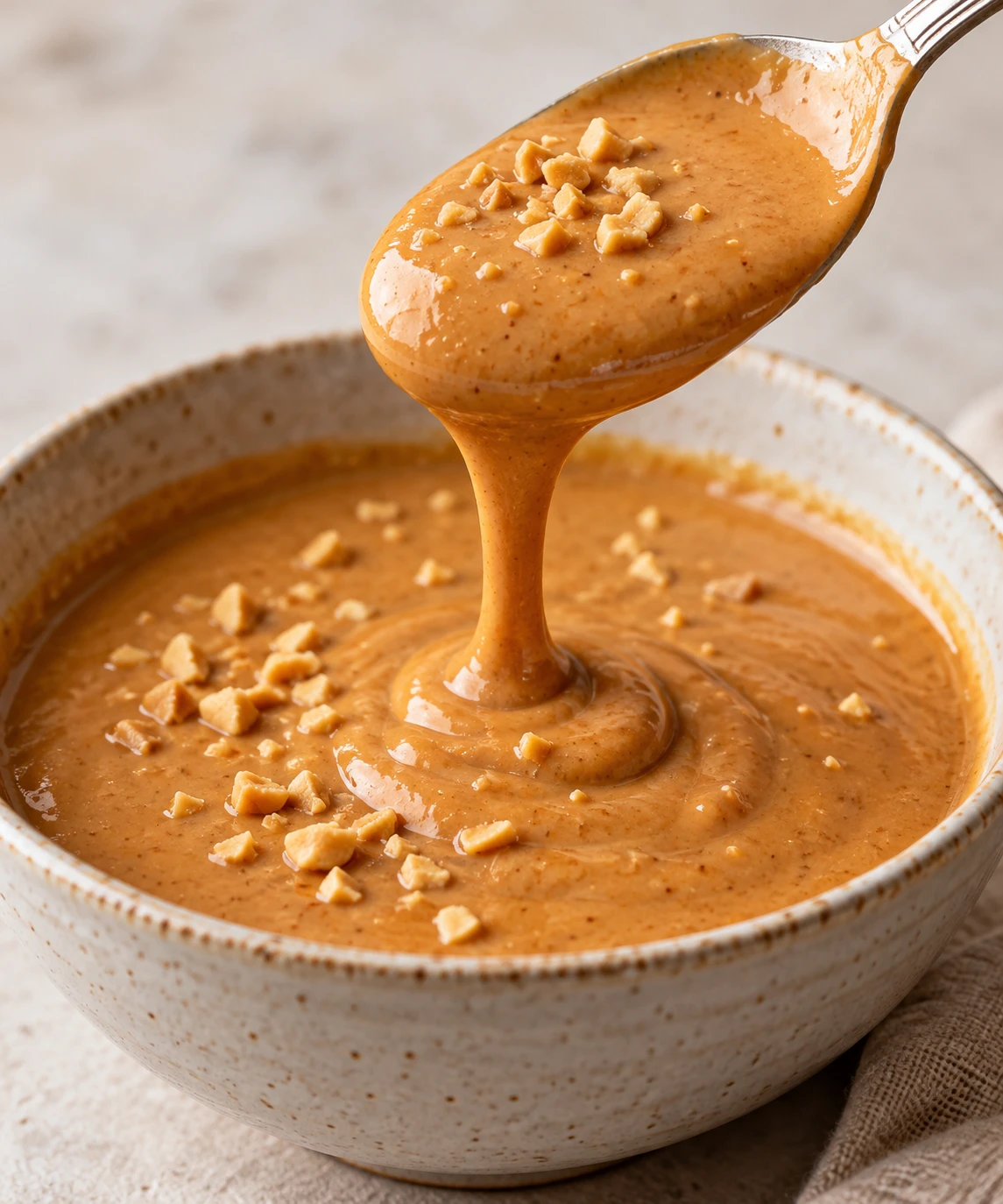 A thick glossy ribbon of peanut sauce clings to a spoon above the bowl.