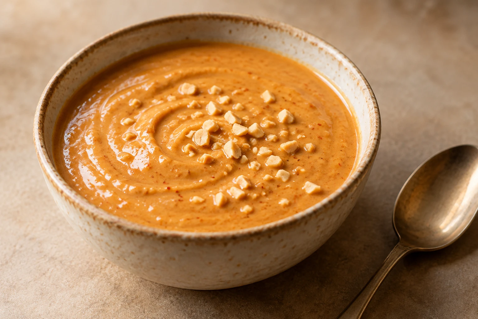 Glossy Thai-inspired peanut sauce fills a small ceramic bowl beside a spoon.
