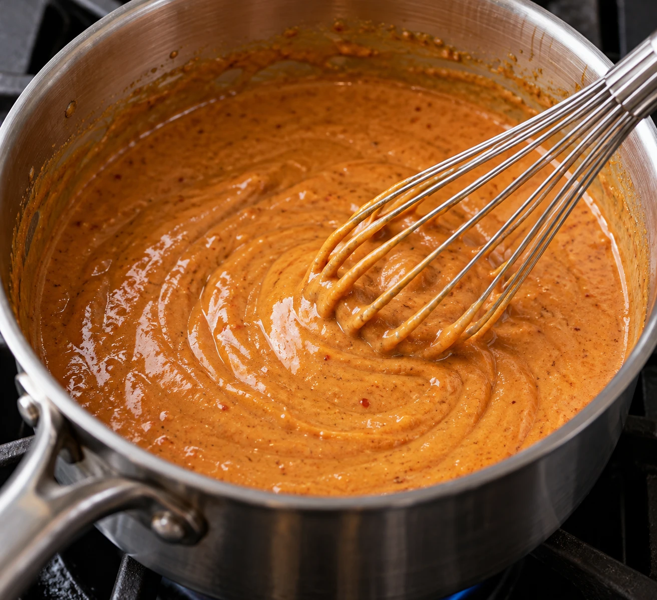 A whisk draws coconut and curry into peanut butter in a small saucepan over low heat.