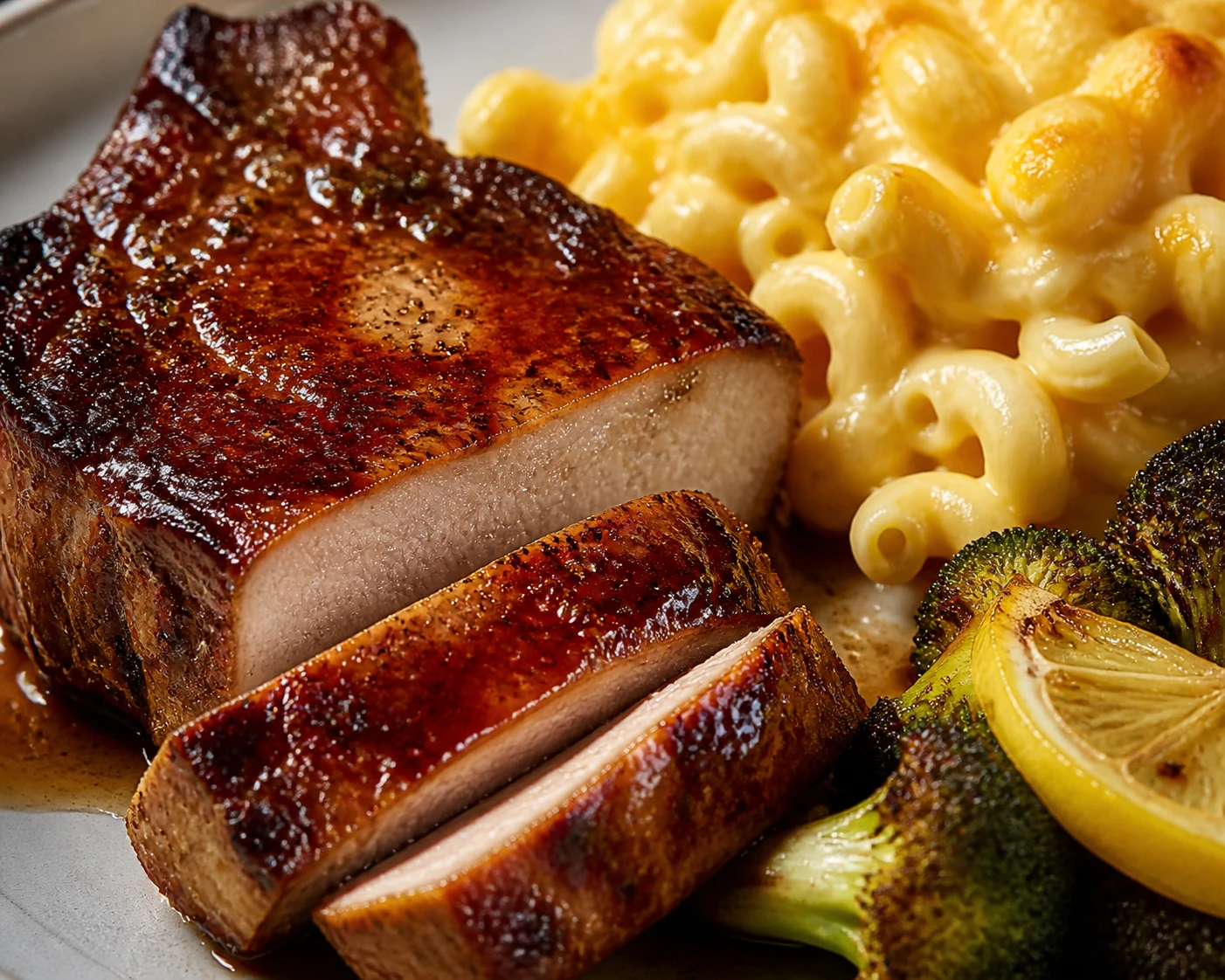 Glossy barbecue pork crust, creamy cheese-coated macaroni, and a dark browned broccoli edge in close detail.