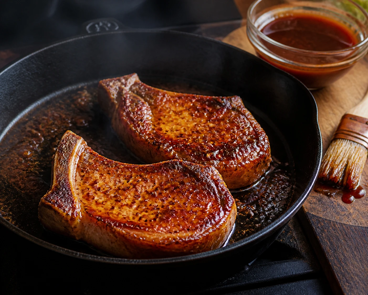 Thick bone-in pork chops develop a dark golden crust in a cast-iron skillet before glazing.