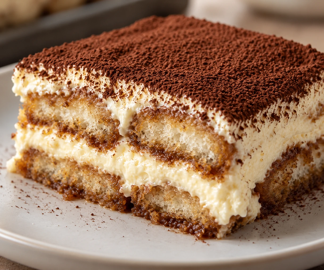 A close view of tiramisu reveals distinct espresso-soaked biscuit and mascarpone cream layers under cocoa.