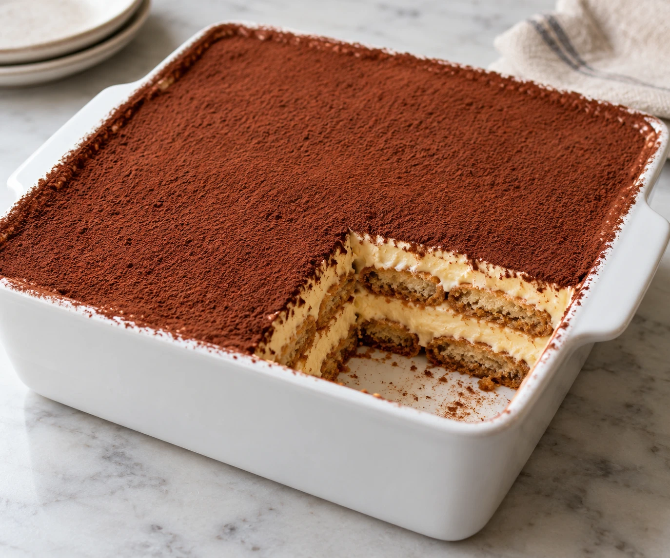 A cocoa-dusted tiramisu in a ceramic dish shows pale mascarpone cream and espresso-soaked ladyfinger layers.