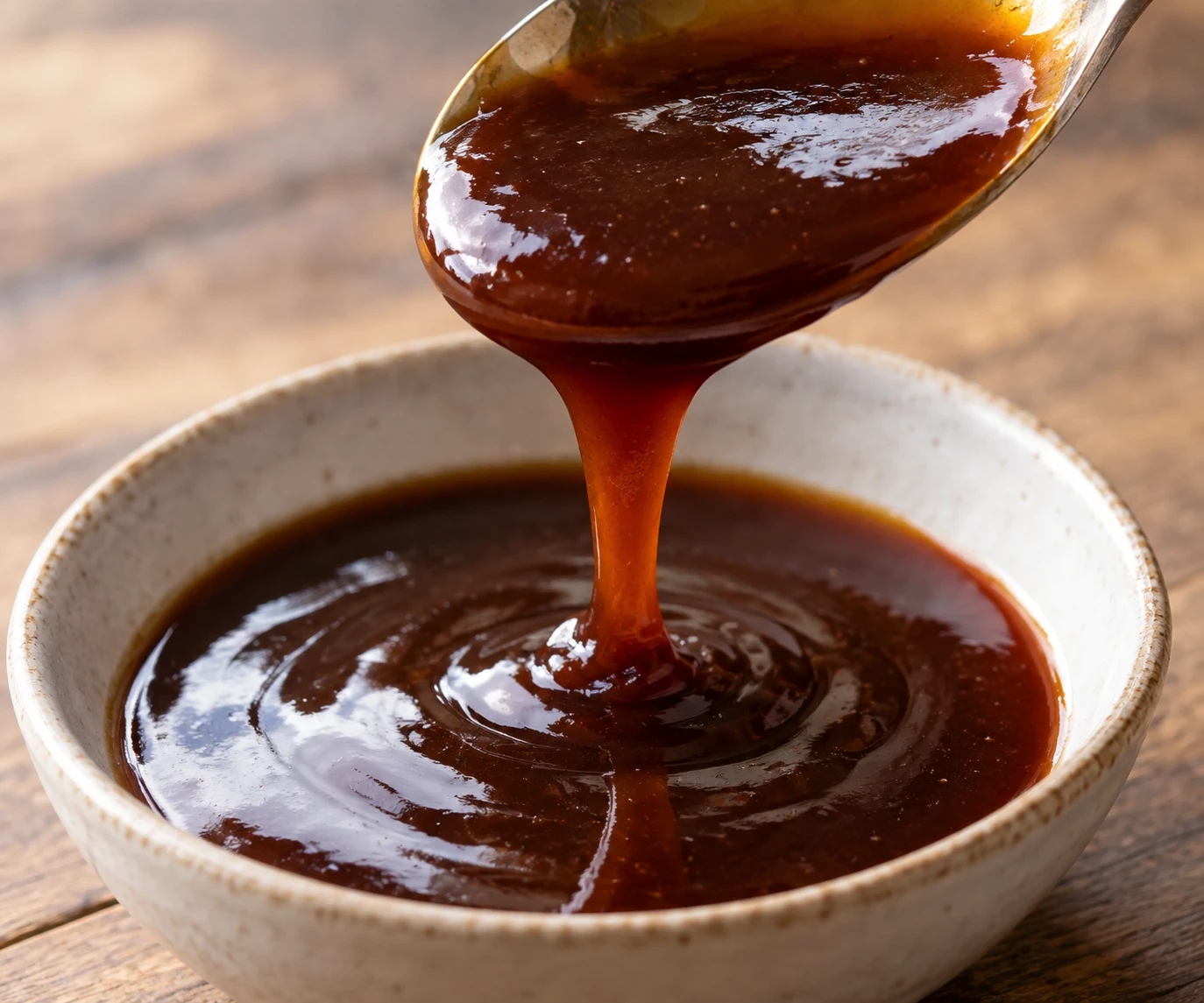 Glossy tonkatsu sauce coats a spoon and pours in a thick ribbon into a dish.