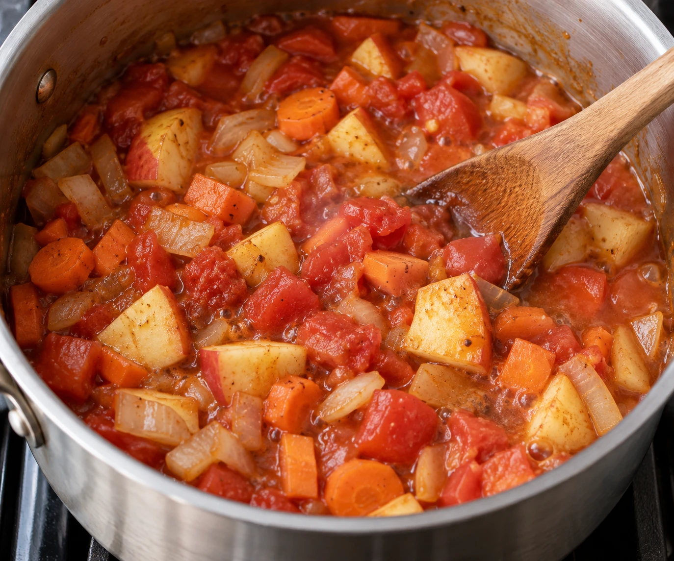 Tomato, apple, onion, carrot, and spices soften together in a saucepan.