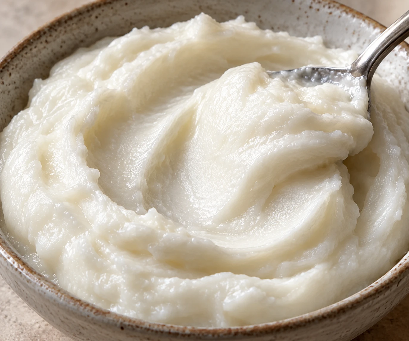 A spoon trail shows the glossy, airy texture of finished white toum.