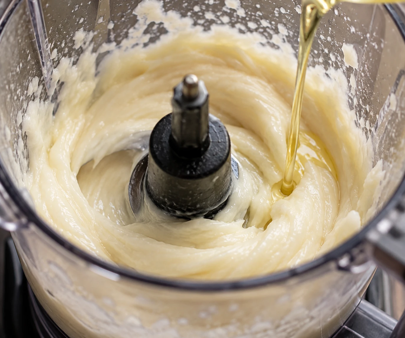 Pale garlic paste in a blender thickens as neutral oil is slowly incorporated.