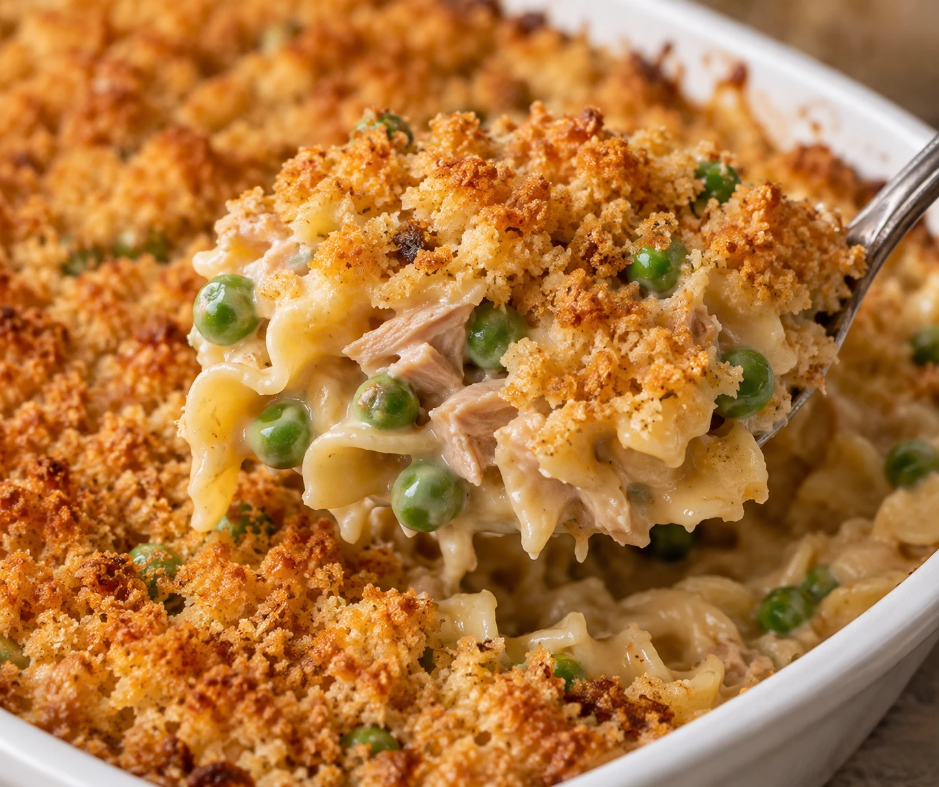 A spoonful shows creamy egg noodles, tuna flakes, peas, and crisp golden breadcrumbs.