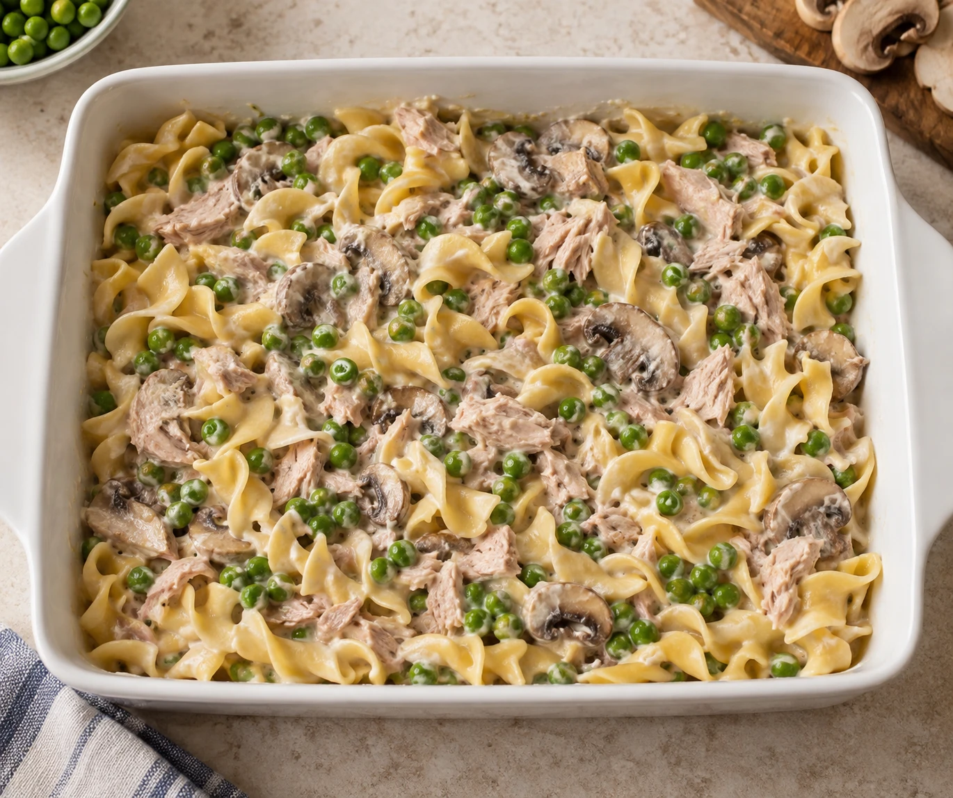 Creamy noodles with tuna, peas, and mushrooms fill a baking dish before topping.
