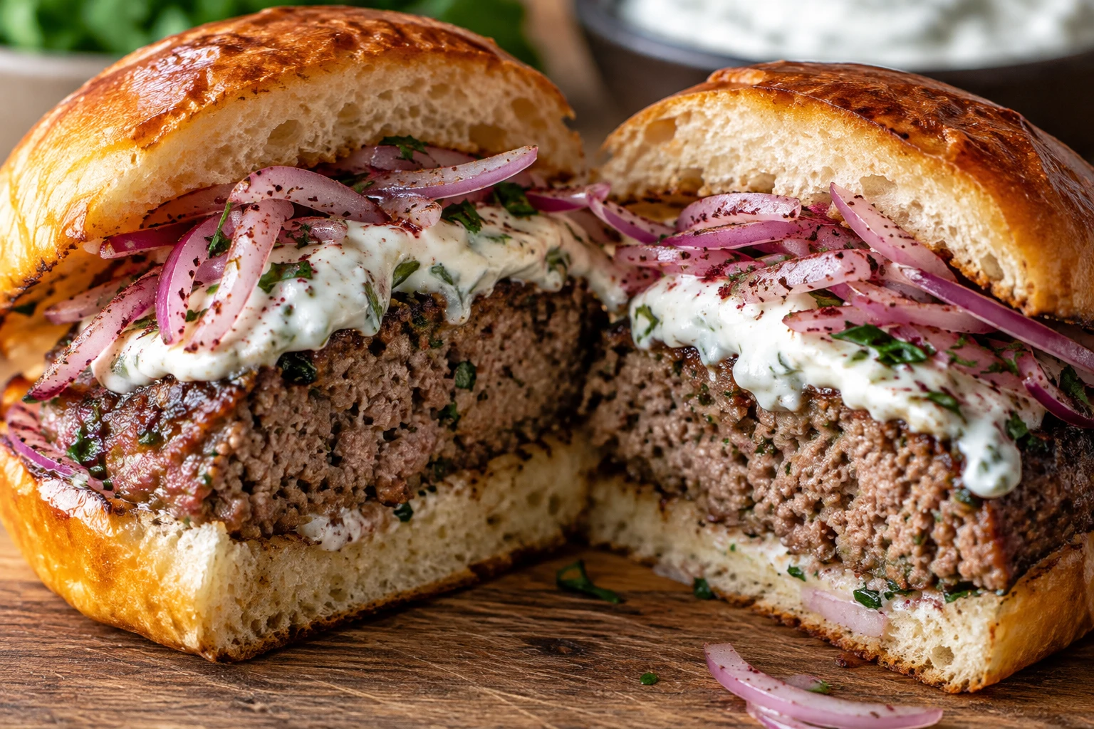 The seared kofta patty shows a juicy interior beneath yogurt and sumac onions.
