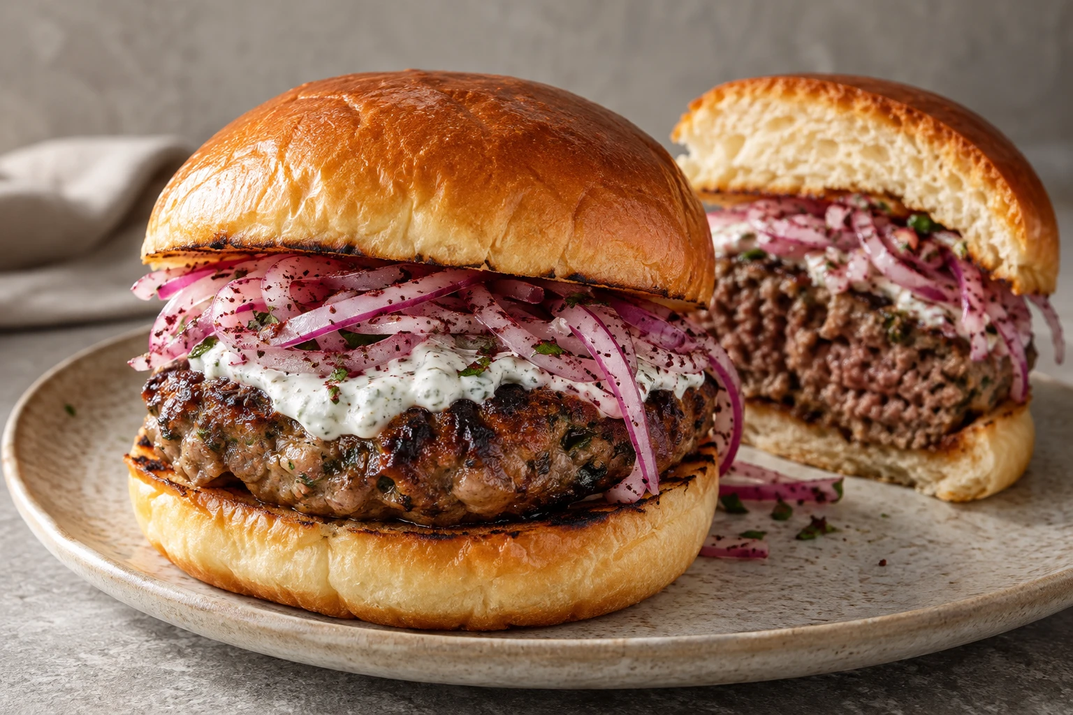 A toasted bun holds a browned kofta patty with garlic yogurt and sumac onions.