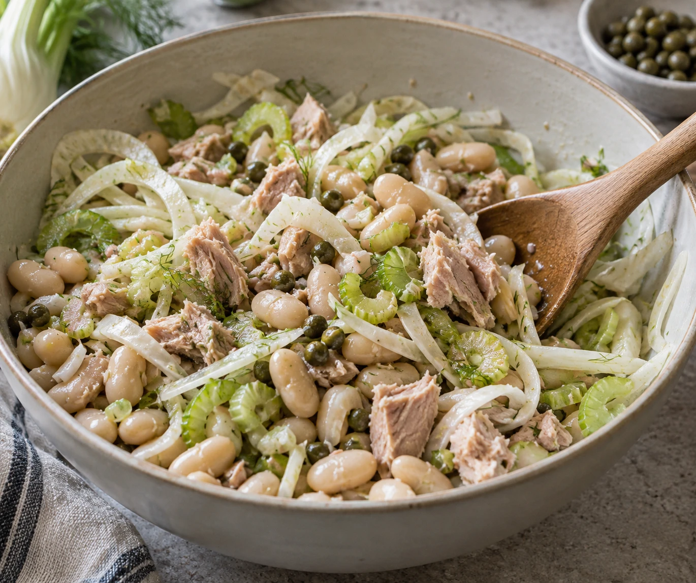 A broad spoon gently folds fennel and celery through whole cannellini beans beside large tuna flakes.