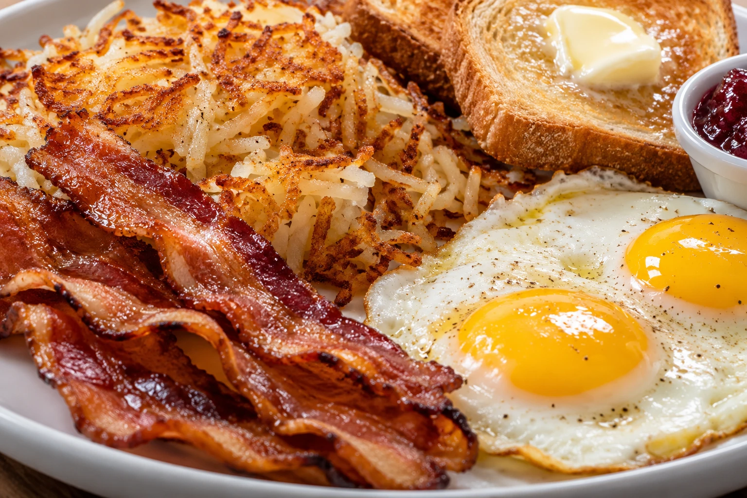 Golden potato shreds, crisp bacon, soft eggs, and buttered toast show their contrasting finished textures.