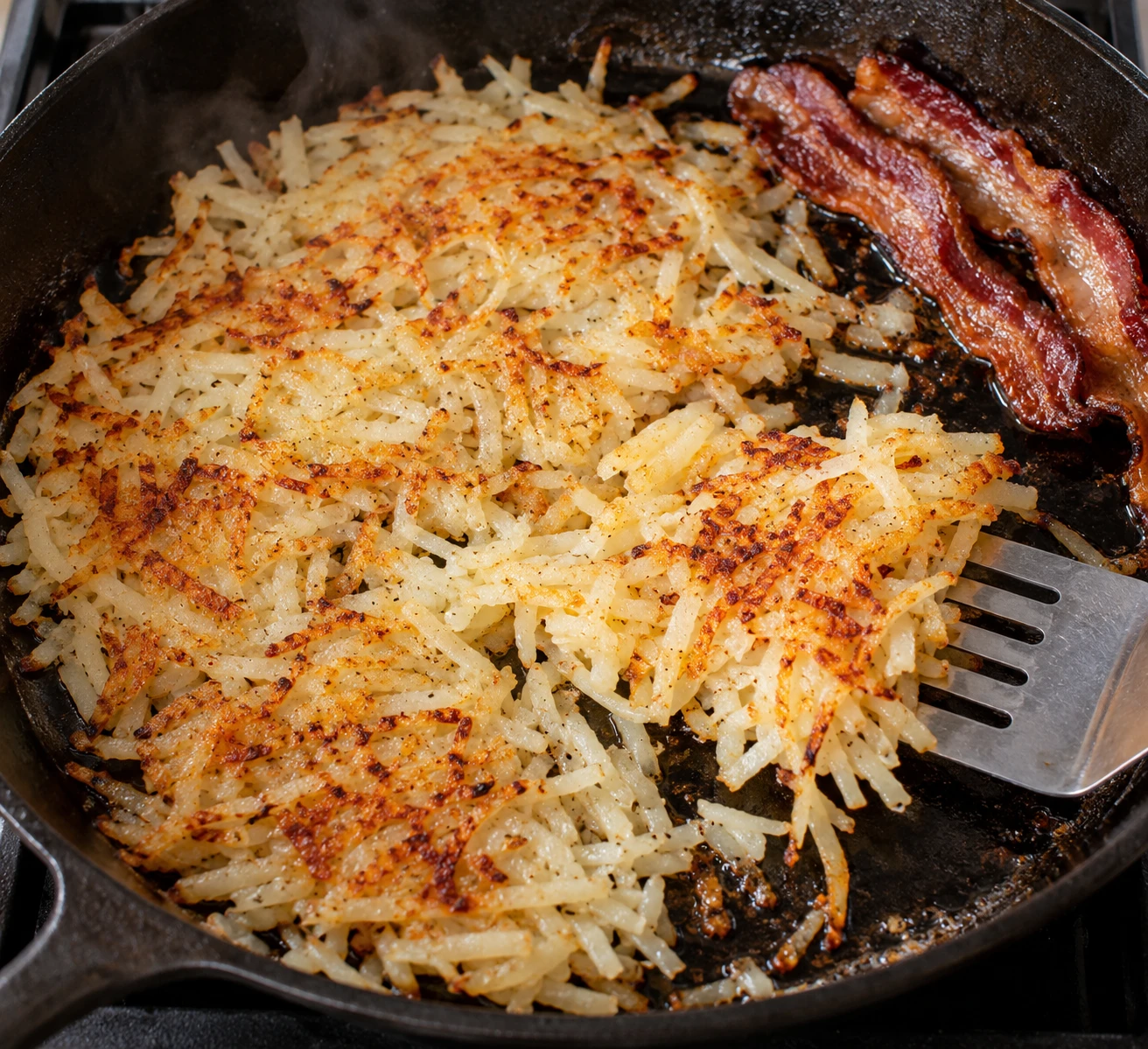 Shredded potatoes lie in a loose skillet layer as their first golden crust forms in bacon drippings.