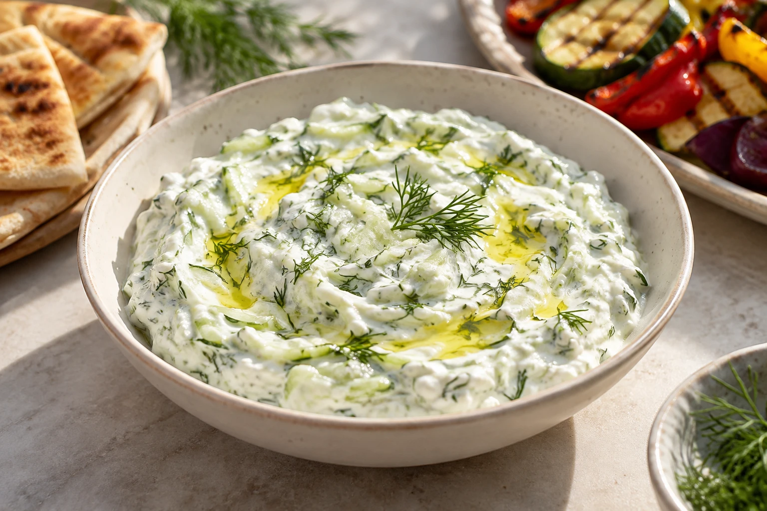 Thick tzatziki with cucumber shreds and dill sits in a white bowl beside pita and grilled vegetables.