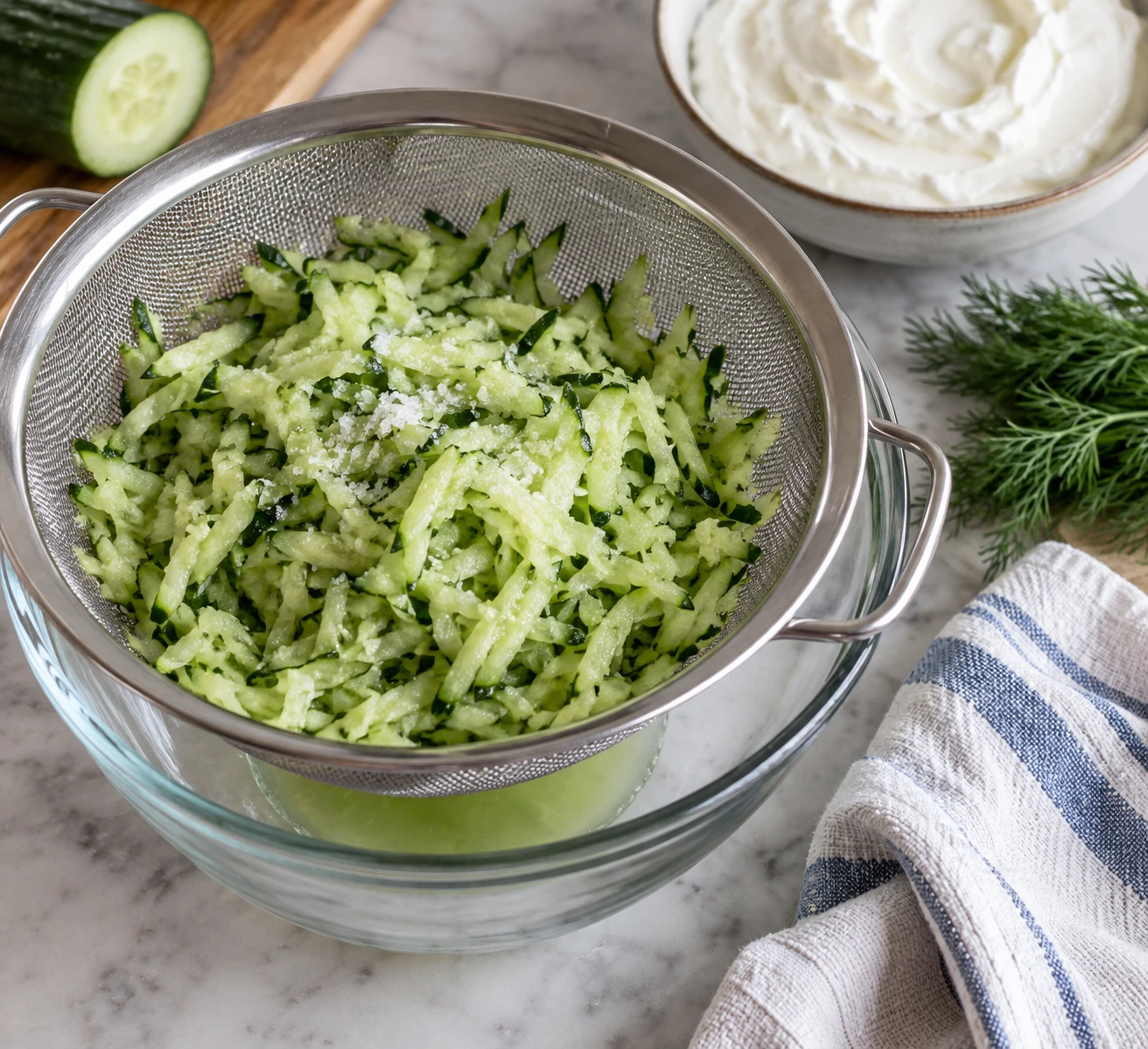 Salted grated cucumber drains in a colander before it is squeezed and folded into yogurt.