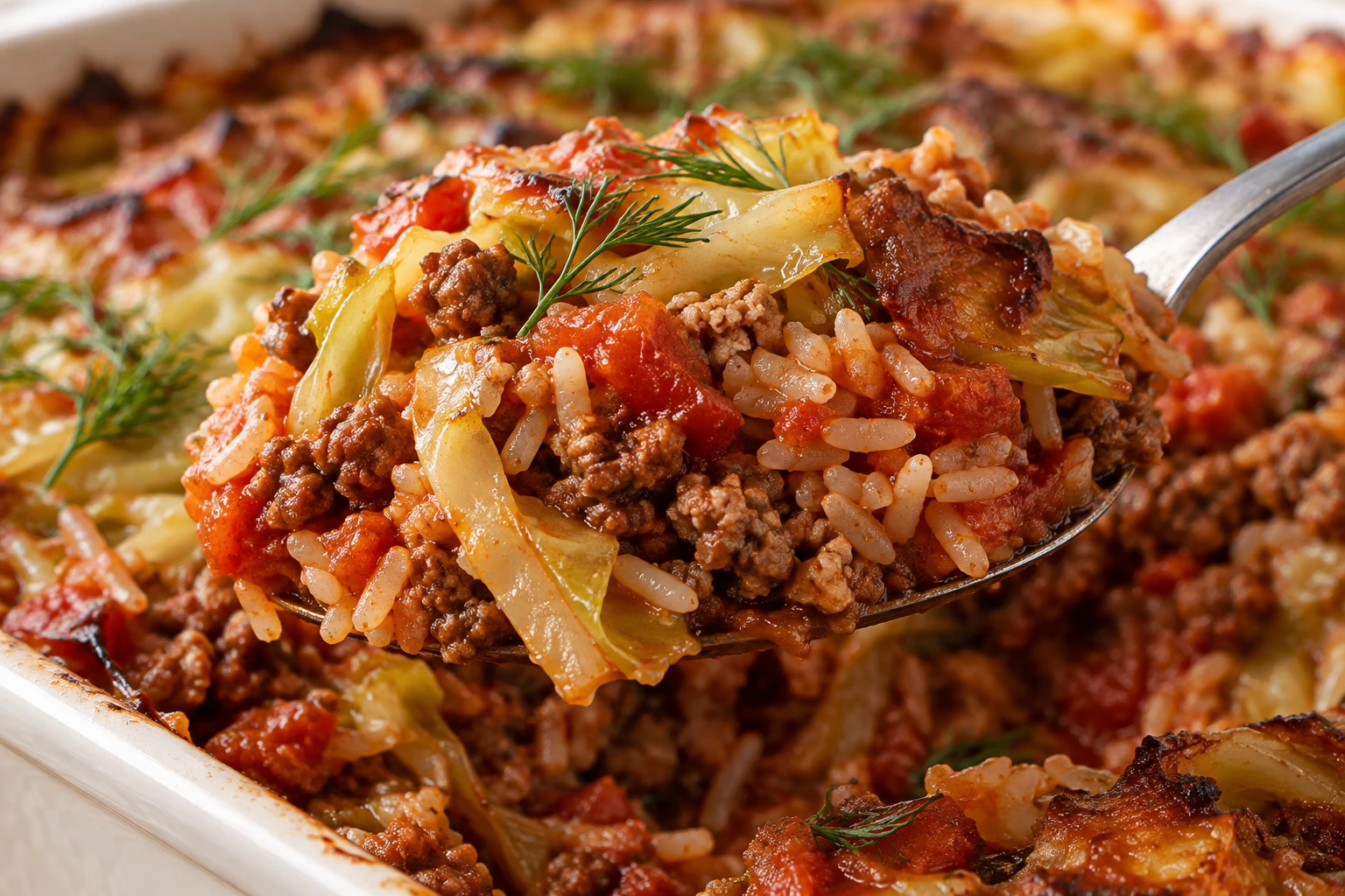 A casserole spoonful shows tender cabbage ribbons, distinct rice, crumbled meat, thick tomato sauce, and dill.
