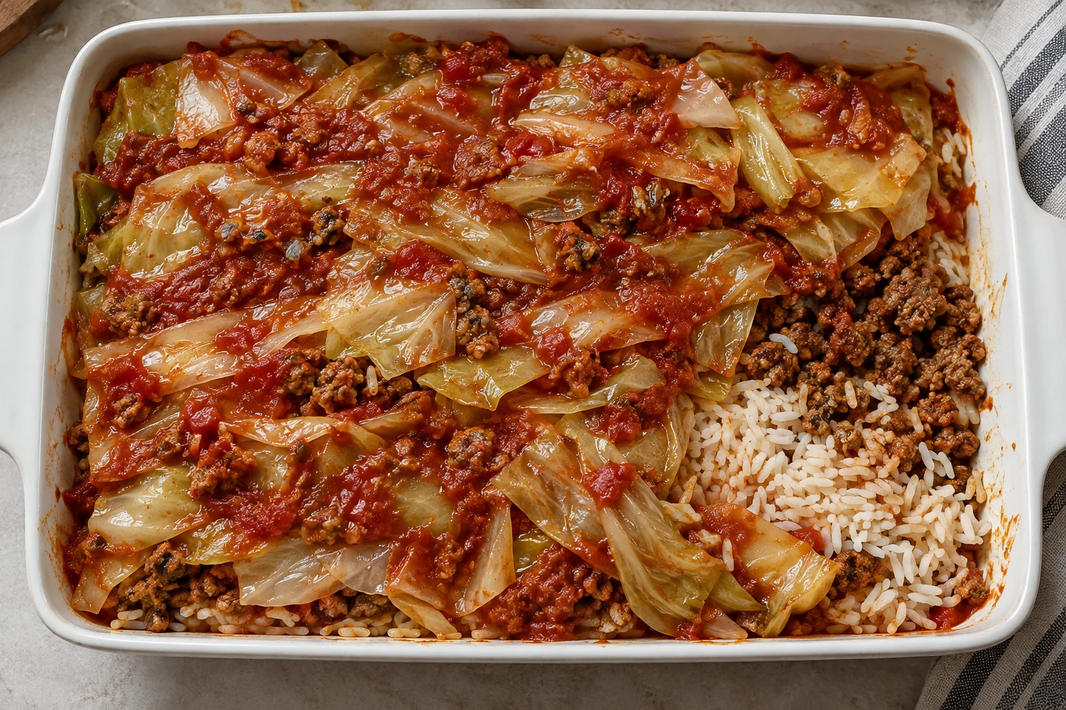 Wilted cabbage and tomato sauce layer loosely with distinct rice and paprika-browned ground meat before baking.