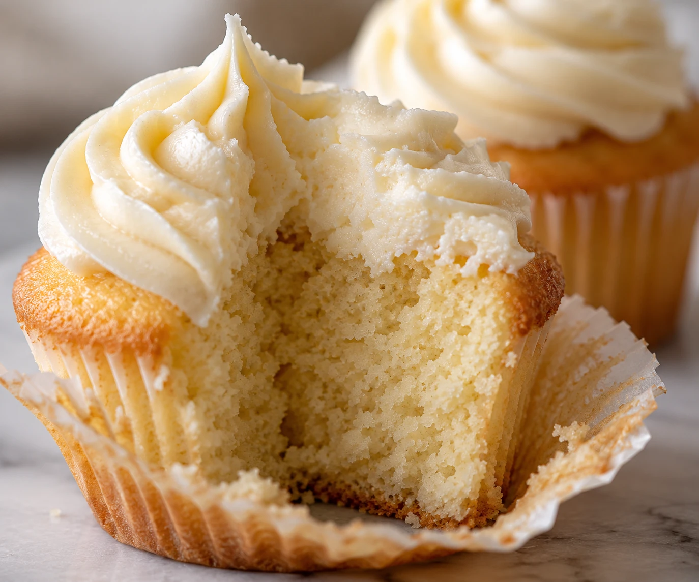 A close view shows the fine vanilla crumb beneath a simple piped buttercream swirl.
