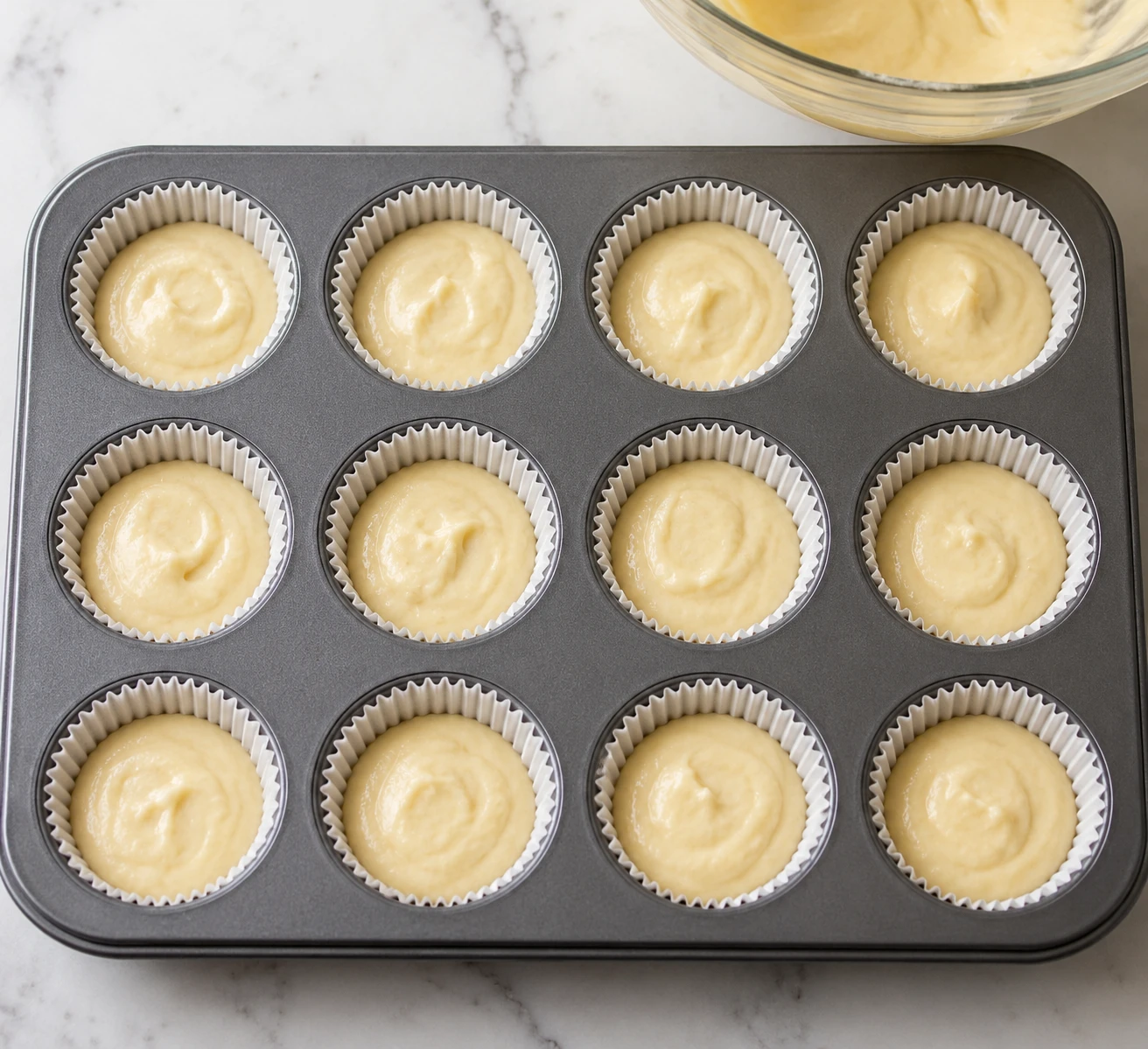 Vanilla cupcake batter is divided evenly among paper liners in a standard muffin tin.
