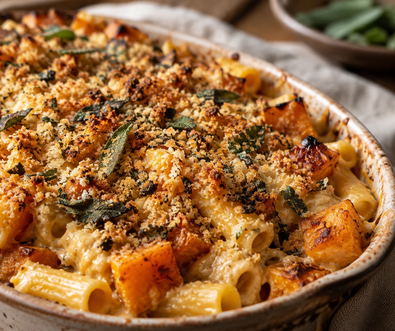 Crisp sage panko, caramelized squash, and creamy cashew sauce show the baked ziti texture.