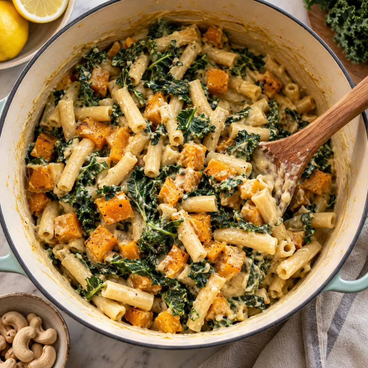 Roasted squash, bright kale, and ziti are being folded into smooth lemon cashew sauce.