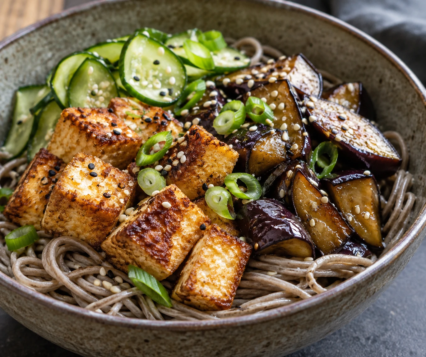 Crisp golden tofu and silky browned eggplant rest on sesame-speckled buckwheat soba noodles.