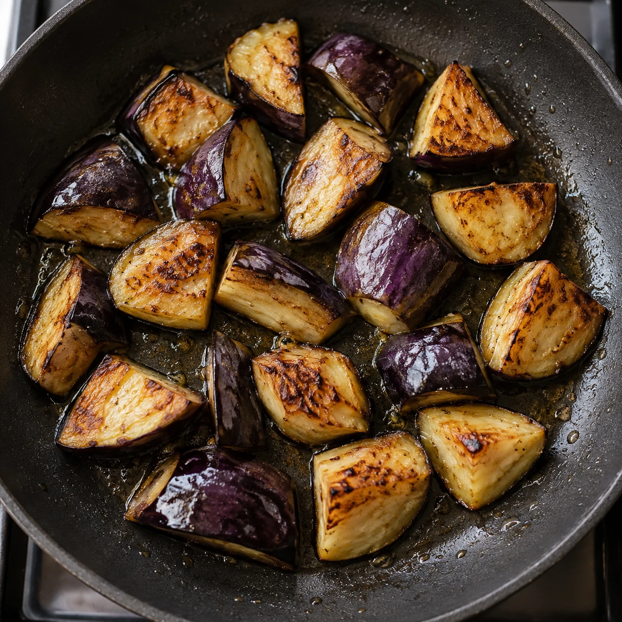 Japanese eggplant chunks caramelize cut-side down in a hot skillet during the noodle bowl preparation.