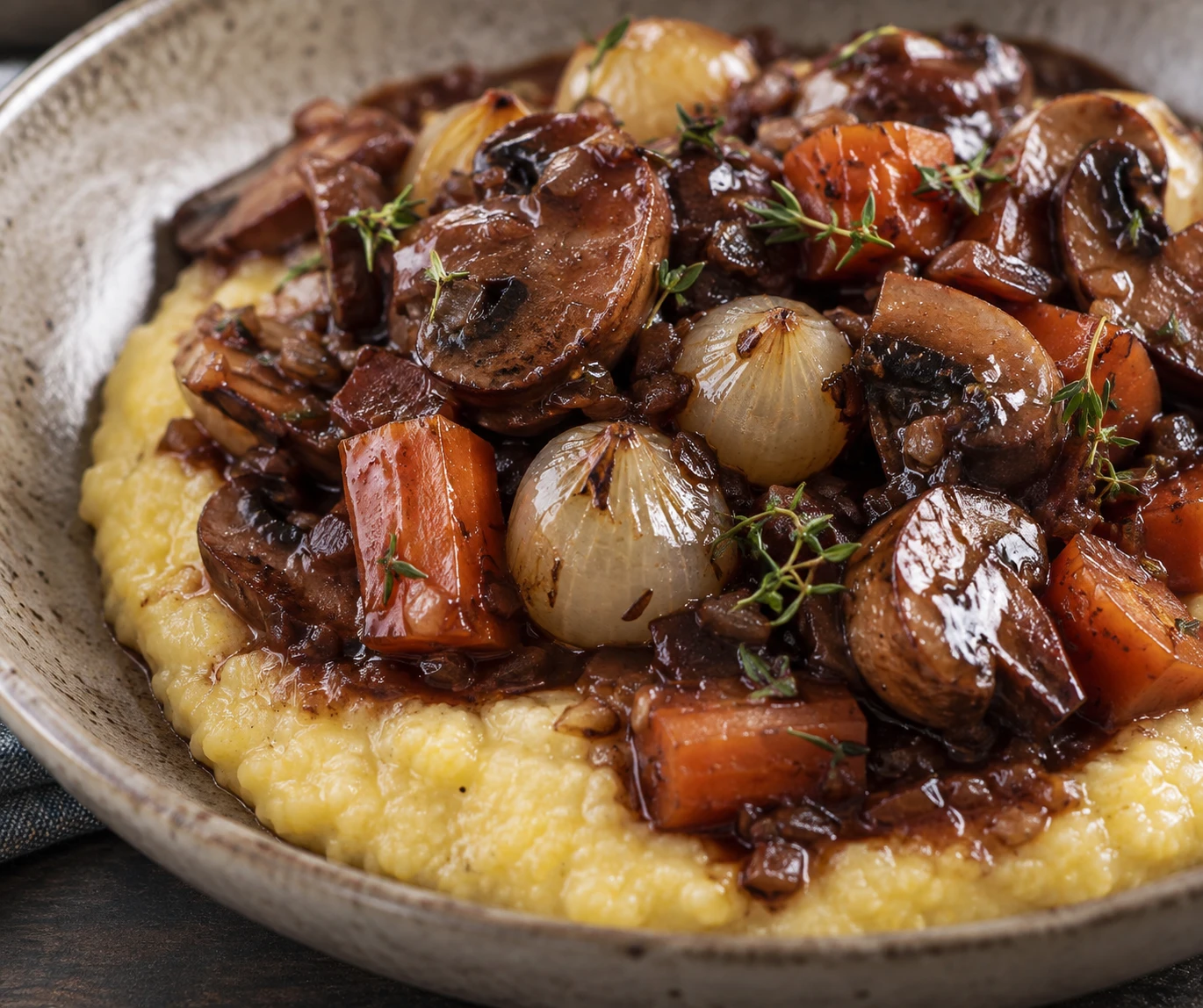 Glossy sauce coats browned mushrooms, pearl onions, and tender carrot pieces over creamy dairy-free polenta.