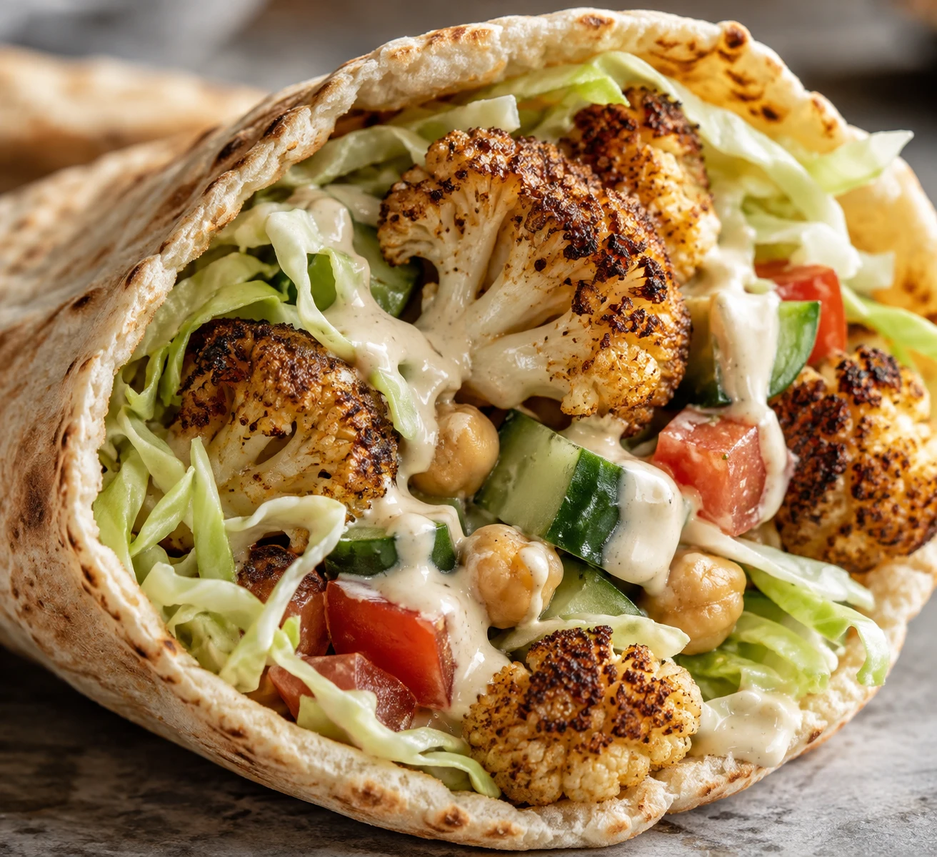 A crisp browned cauliflower floret, creamy chickpea, cabbage, cucumber, tomato, and tahini sauce fill a warm pita.