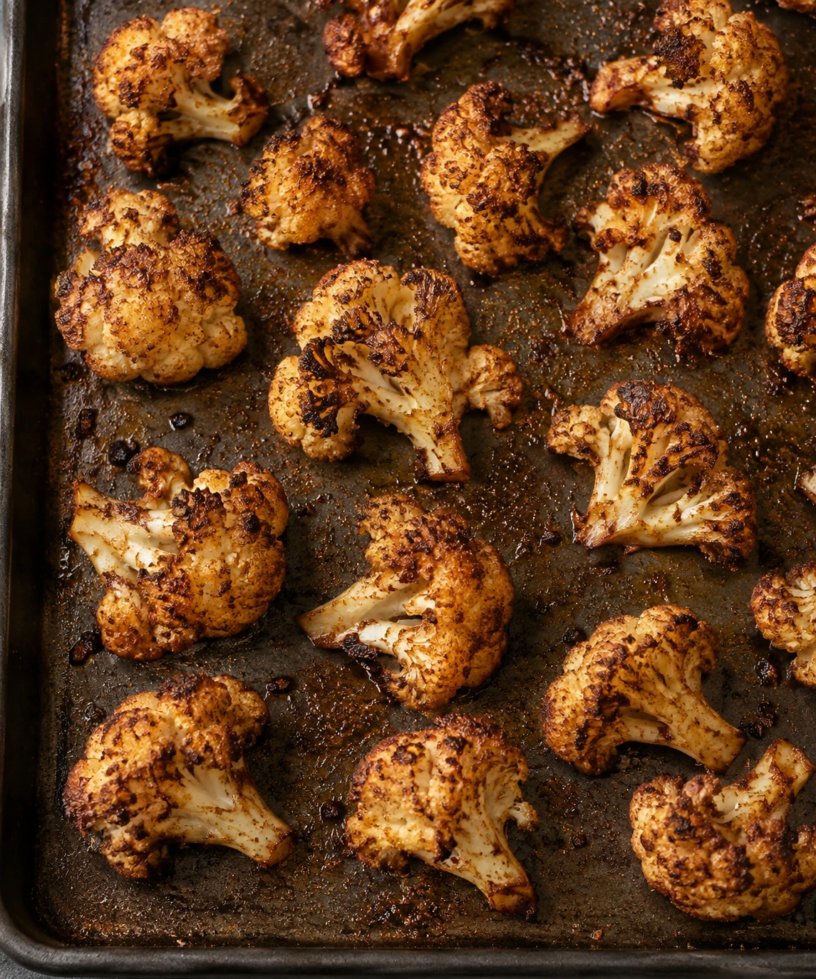 Spiced cauliflower florets roast in a single layer on a dark sheet pan with their cut edges browning.