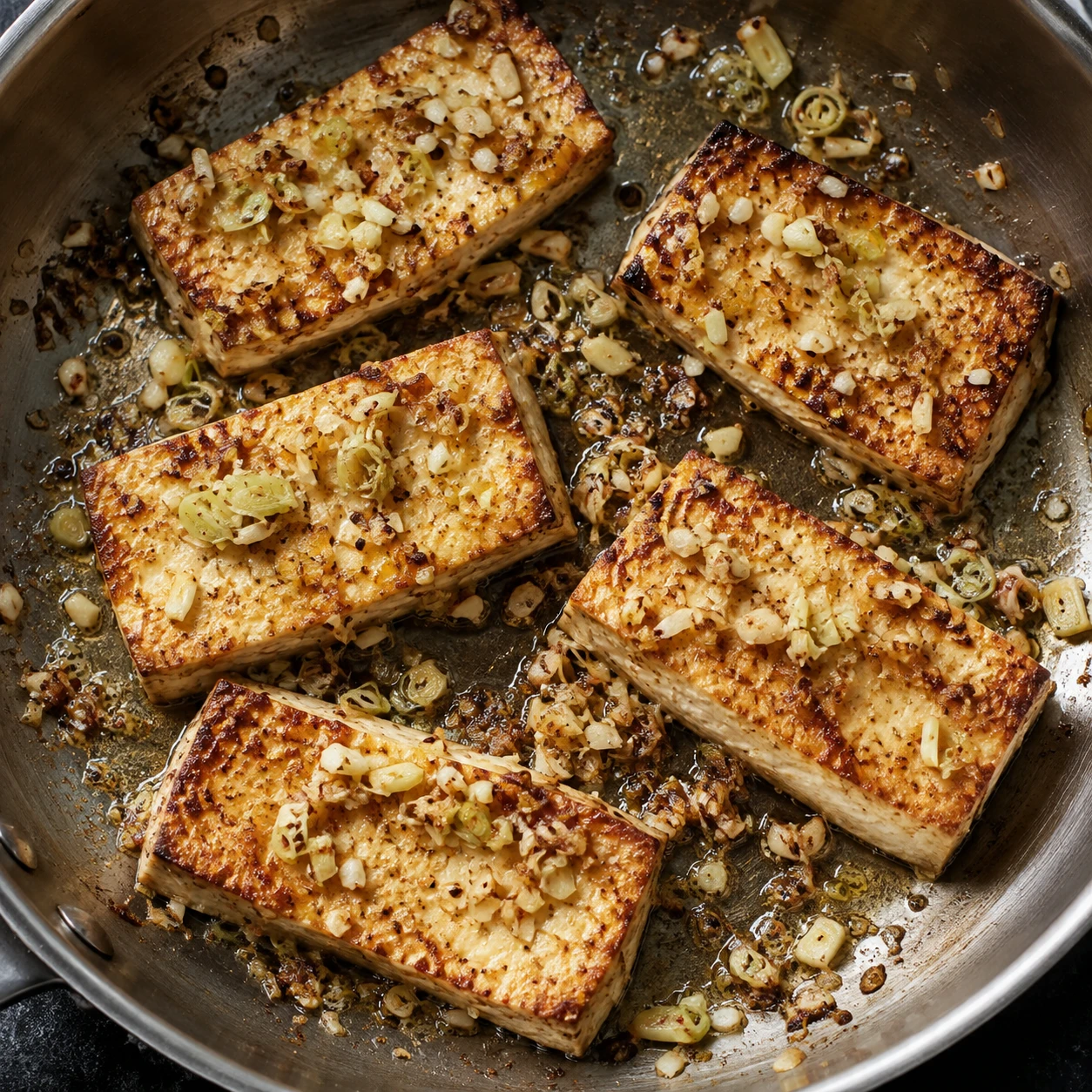 Lemongrass-coated tofu slabs brown at the edges in a large skillet during the pan-searing step.