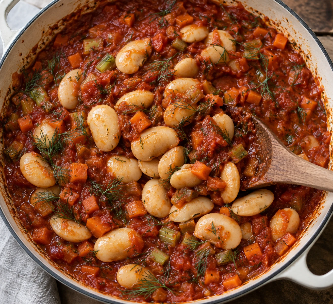 Large butter beans are folded into a thick tomato sauce in an ovenproof skillet before baking.