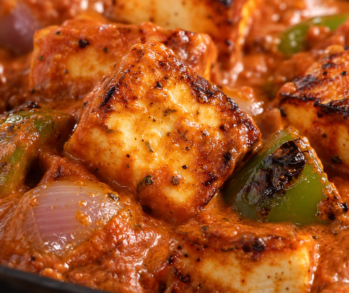 Tender browned paneer coated in glossy tomato masala sits beside charred pepper and onion.