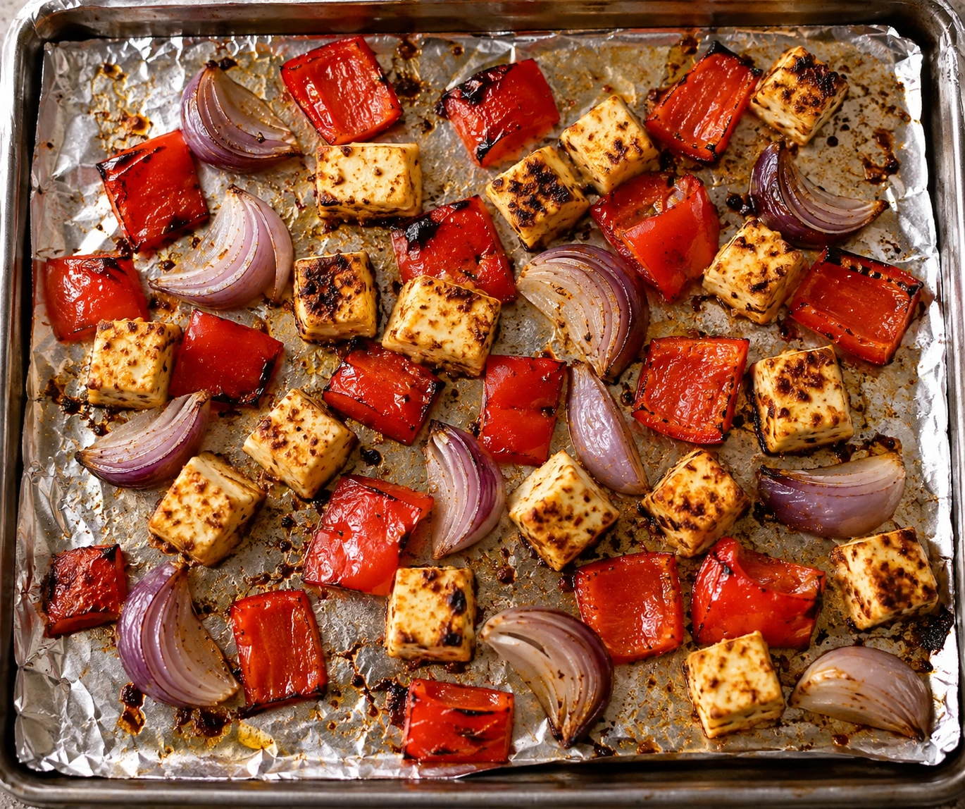 Paneer cubes, red bell pepper, and onion wedges are spaced on an oiled sheet pan for broiling.