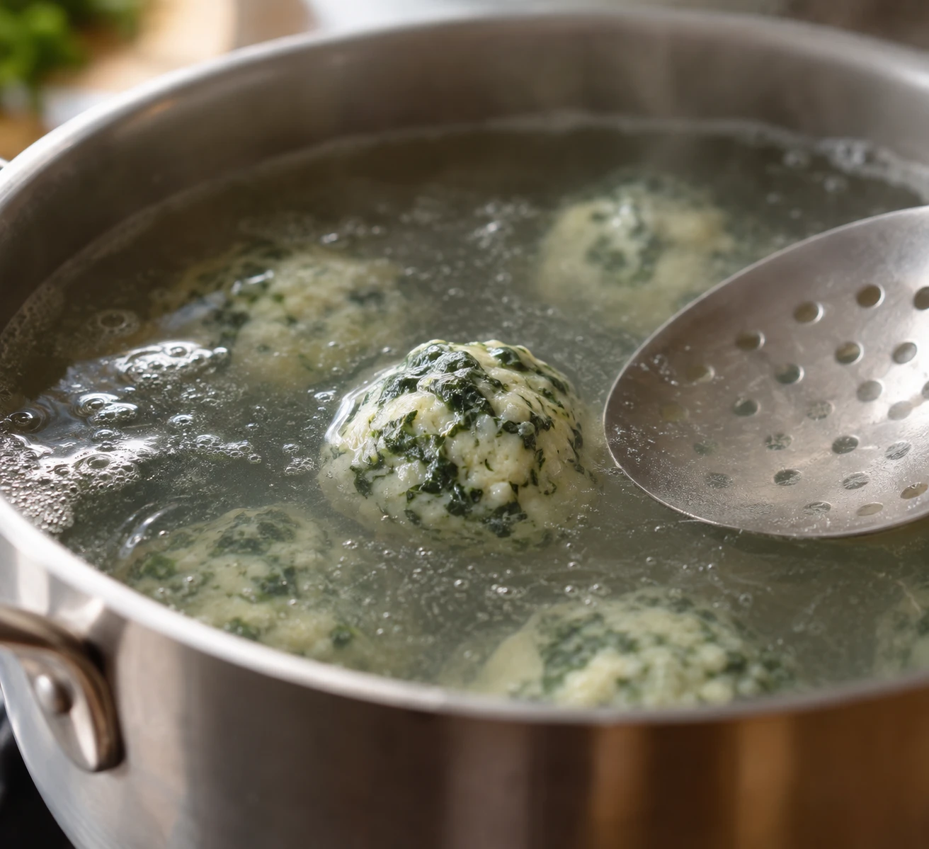 A spinach ricotta gnudi floats intact in gently simmering water beside a slotted spoon.